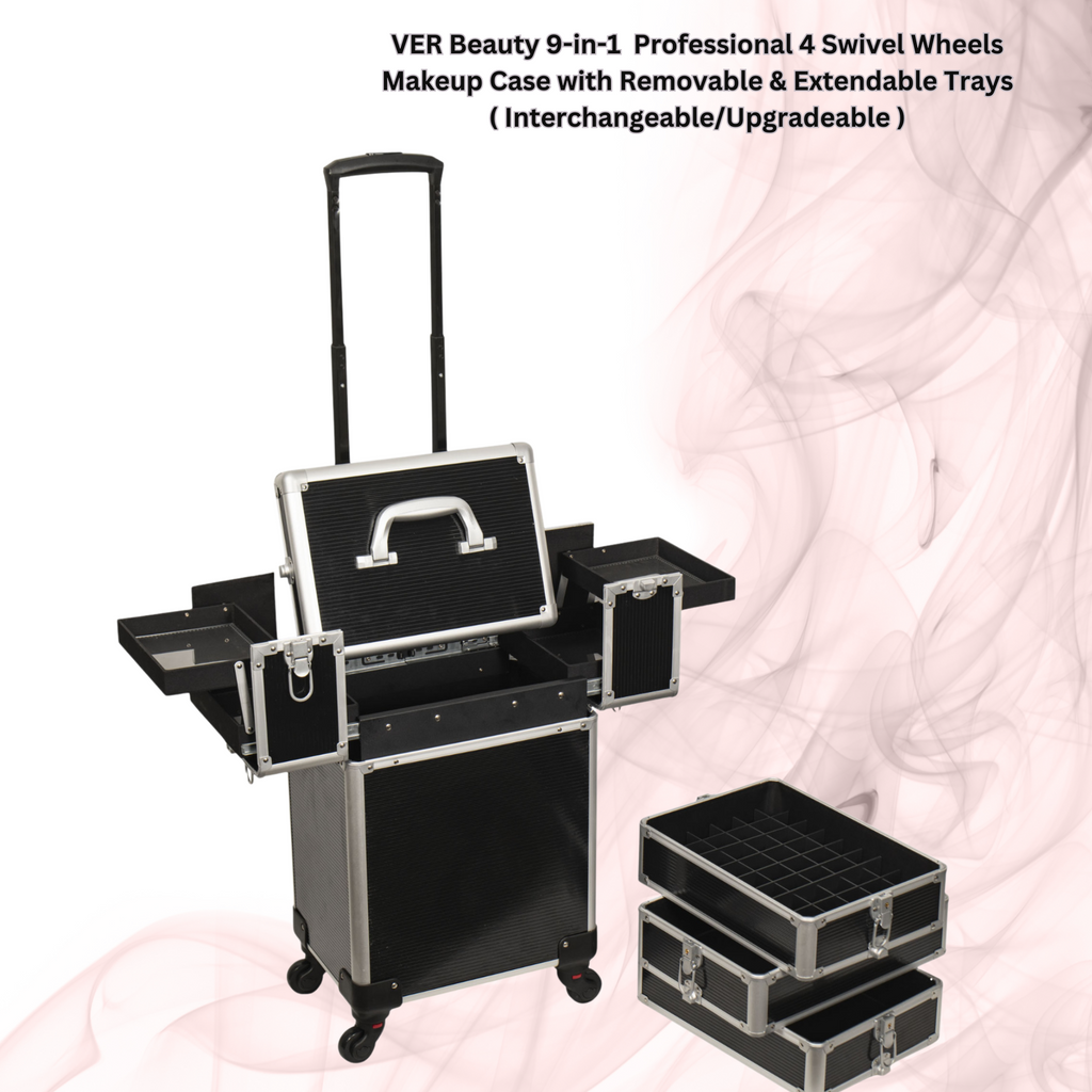 9-in-1 Four Wheels Professional Rolling Makeup Nail Tech Case with 3 Removable Tray and Nail Polishes Holder by VER Beauty - JMT003