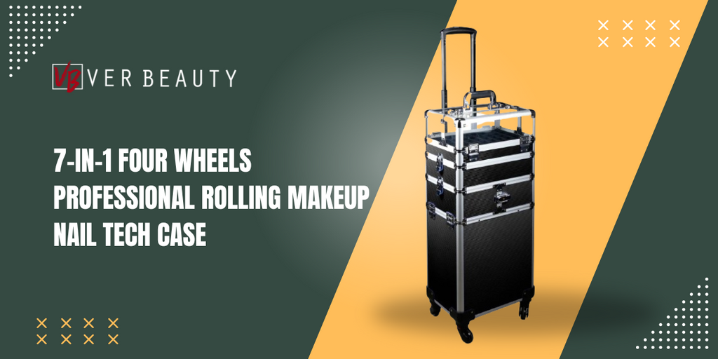 7-in-1 Four Wheels Professional Rolling Makeup Nail Tech Case with Clear Panel Nail Polishes Holder by Ver Beauty