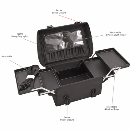 Professional Soft‑Sided Makeup Train Case – 1680D Nylon Cosmetic Organizer with Removable Trays, Brush Holder & Shoulder Strap