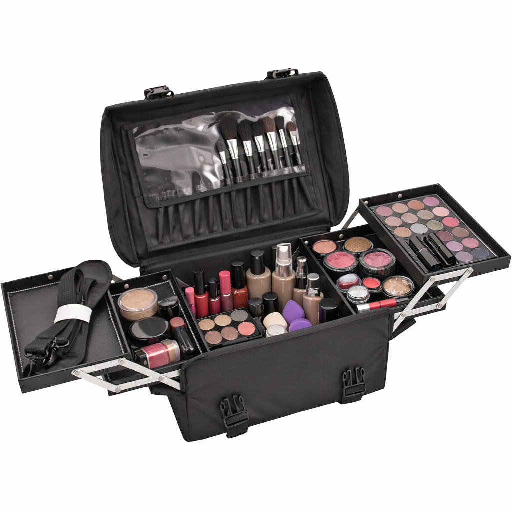 Professional Soft‑Sided Makeup Train Case – 1680D Nylon Cosmetic Organizer with Removable Trays, Brush Holder & Shoulder Strap