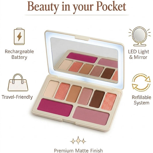 VER Beauty 8‑Pan Eyeshadow & Blush Palette with Rechargeable LED Mirror – Vegan, Long‑Wear, Talc‑Free