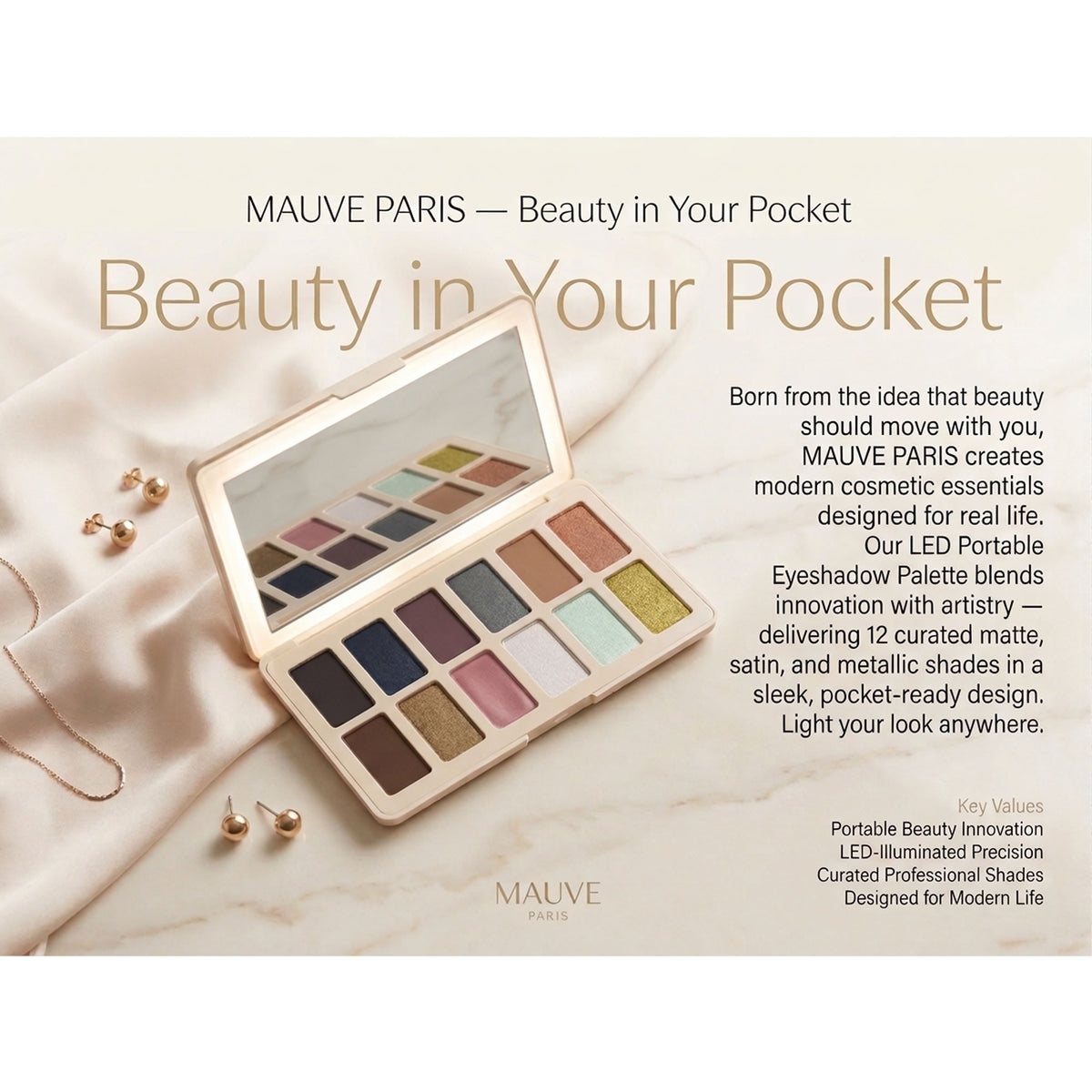 VER Beauty 12‑Color Eyeshadow Palette with USB‑C LED Mirror — Long‑Wear, High Pigment, Clean Beauty