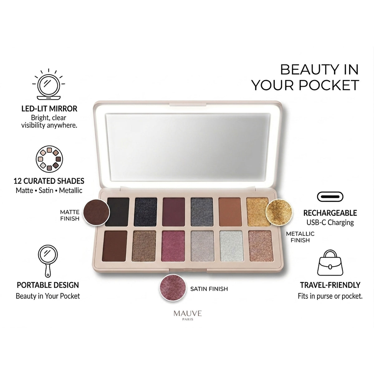 VER Beauty 12‑Color Eyeshadow Palette with USB‑C LED Mirror — Long‑Wear, High Pigment, Clean Beauty