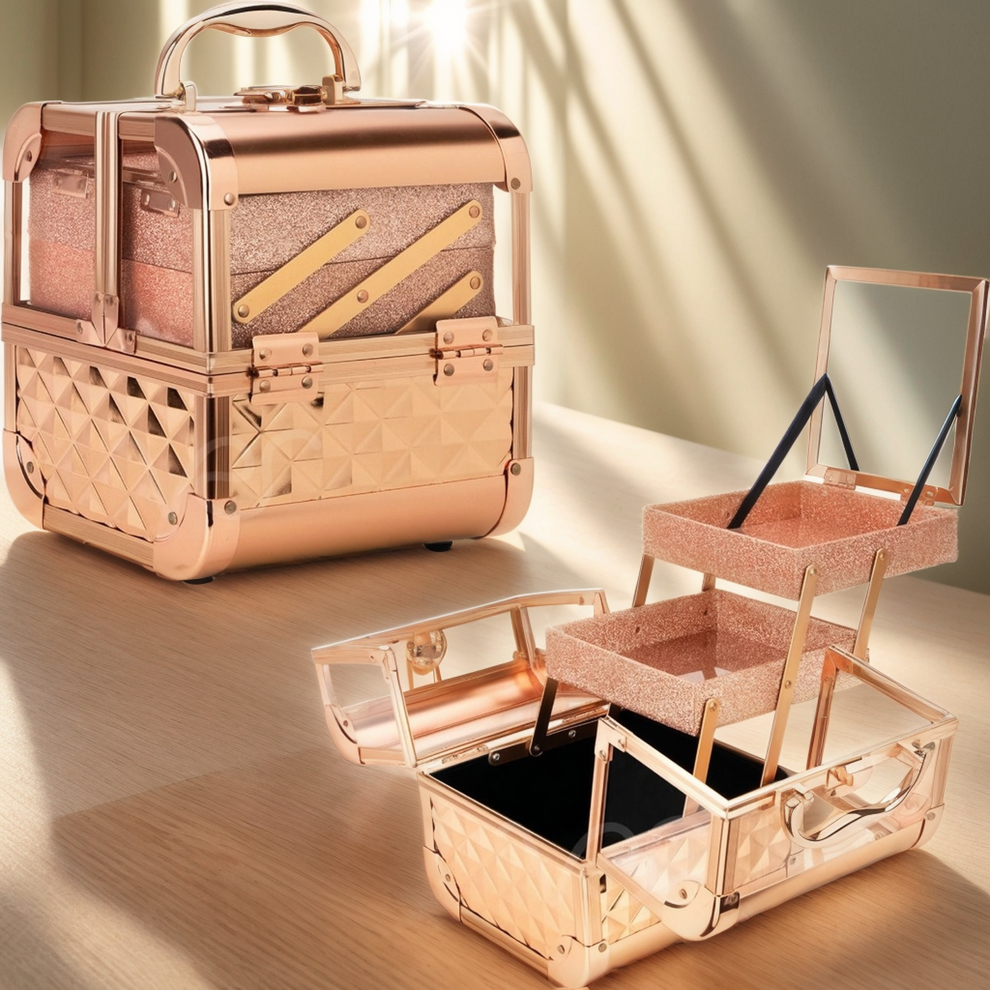 VER Beauty Dell'Unita Armored Acrylic Travel Case with 2 Extendable Trays, Lockable and Mirror