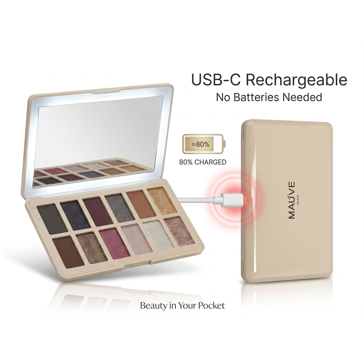VER Beauty 12‑Color Eyeshadow Palette with USB‑C LED Mirror — Long‑Wear, High Pigment, Clean Beauty