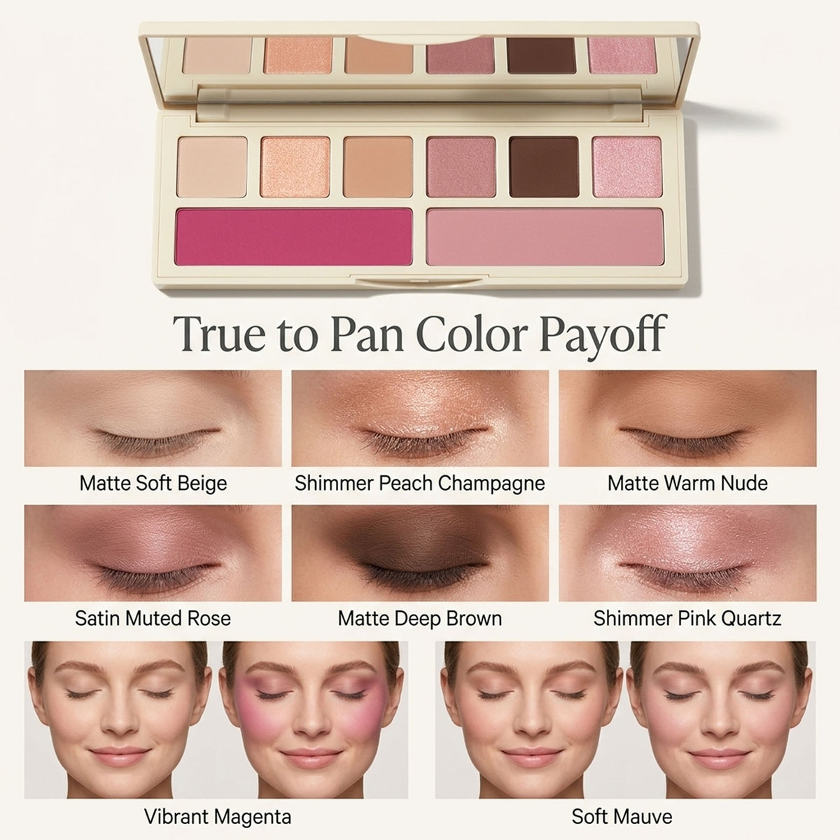 VER Beauty 8‑Pan Eyeshadow & Blush Palette with Rechargeable LED Mirror – Vegan, Long‑Wear, Talc‑Free