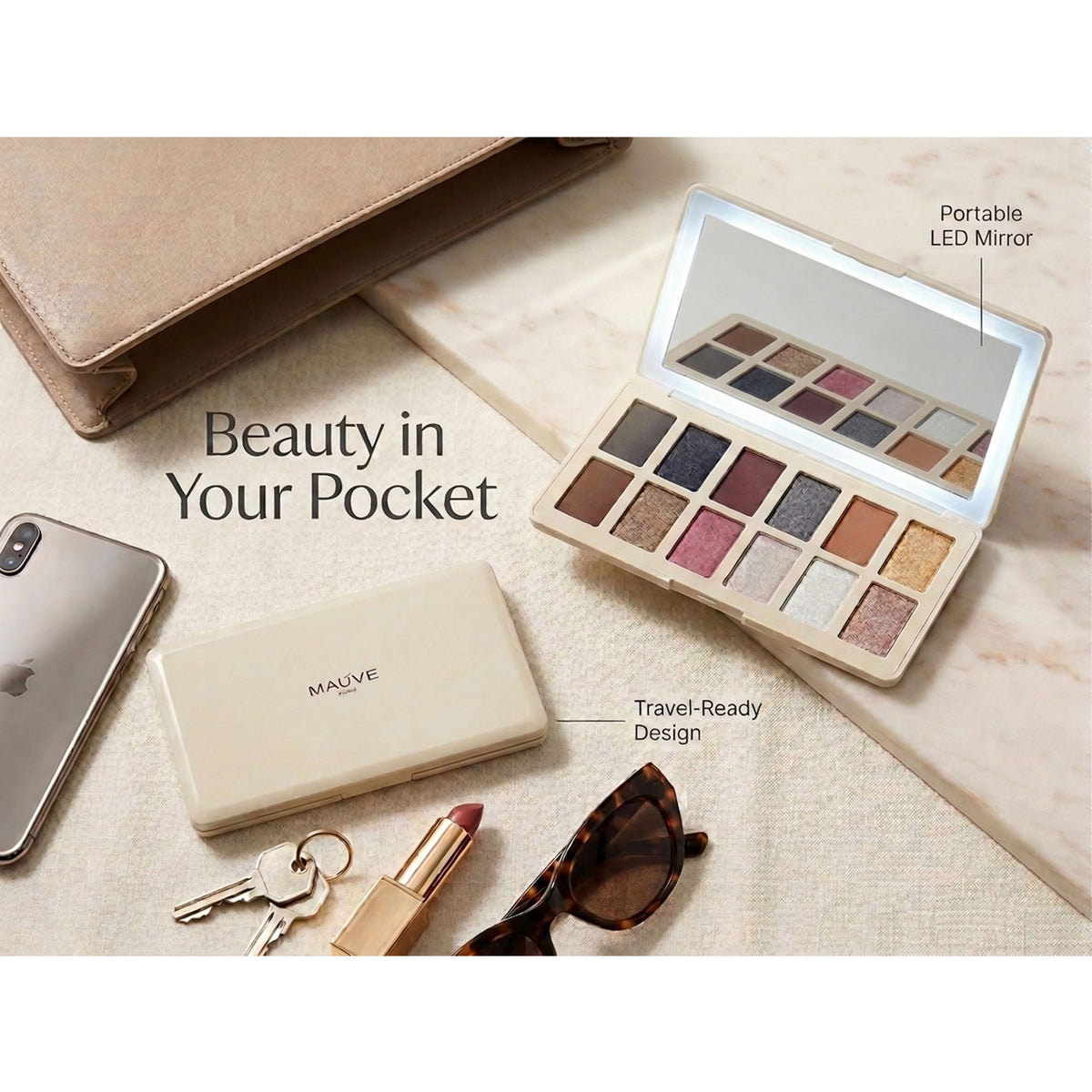 VER Beauty 12‑Color Eyeshadow Palette with USB‑C LED Mirror — Long‑Wear, High Pigment, Clean Beauty