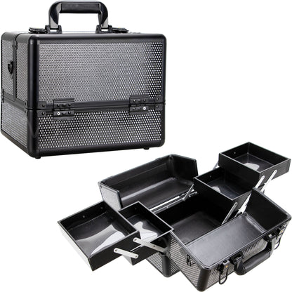 VER Beauty Black Crystal Aluminum Makeup Train Case with Dual Extendable Trays & Key Locks