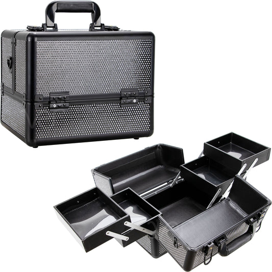 VER Beauty Black Crystal Aluminum Makeup Train Case with Dual Extendable Trays & Key Locks