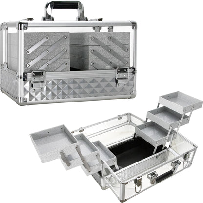 VER Beauty Aluminum & Acrylic Makeup Train Case – 6-Tier Accordion Trays & Locking Organizer
