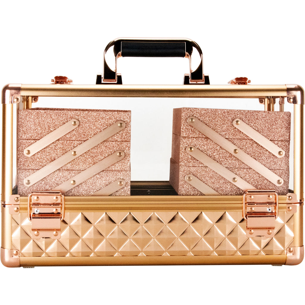 VER Beauty Armored Acrylic Large Portable Cosmetic Case 6 Tier Trays Professional Makeup Train Storage Organizer Box Make Up Carrier Lockable Key