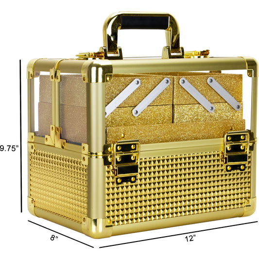 Gold Ice Cube Aluminum Makeup Train Case with Clear Armored Top & 4 Trays