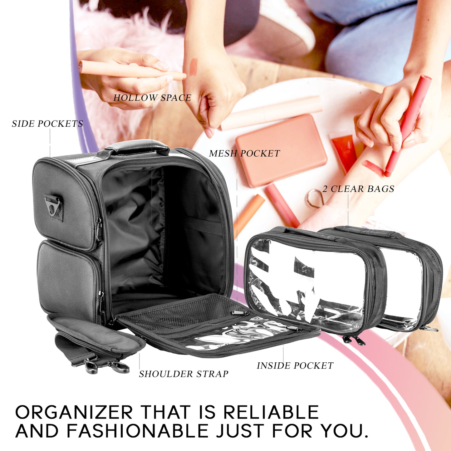 VER Beauty Professional Soft‑Sided Travel Makeup Case with Clear Bags & Multi‑Pockets