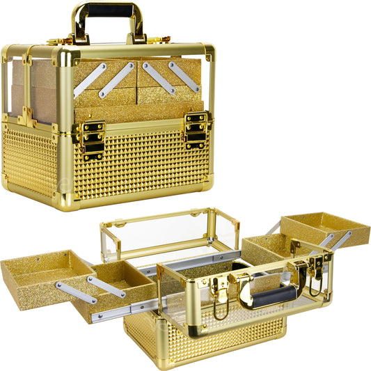 Gold Ice Cube Aluminum Makeup Train Case with Clear Armored Top & 4 Trays