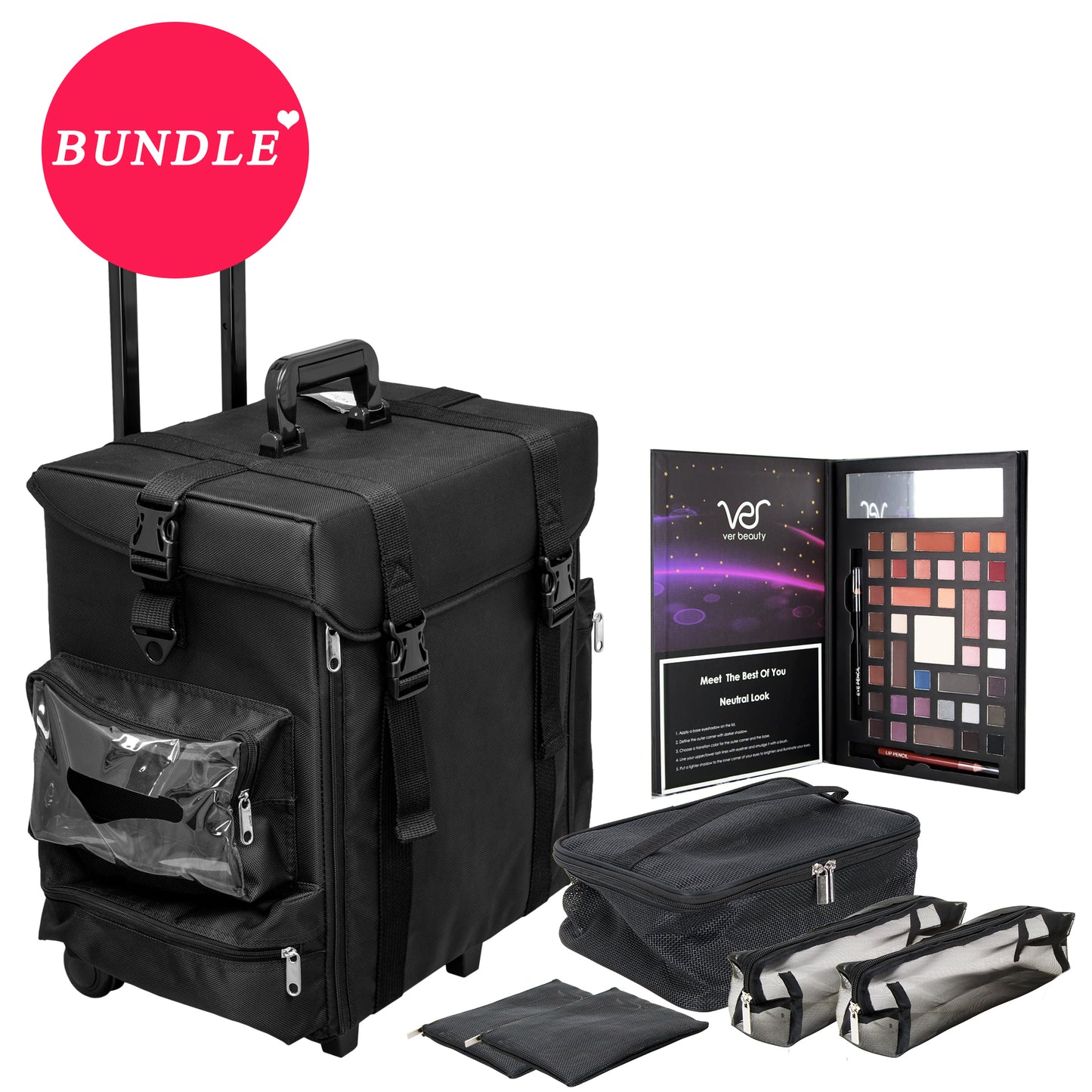MDG SVT010 Nylon Rolling Makeup Case with Makeup Bag and Book Makeup Palette by VER BEAUTY